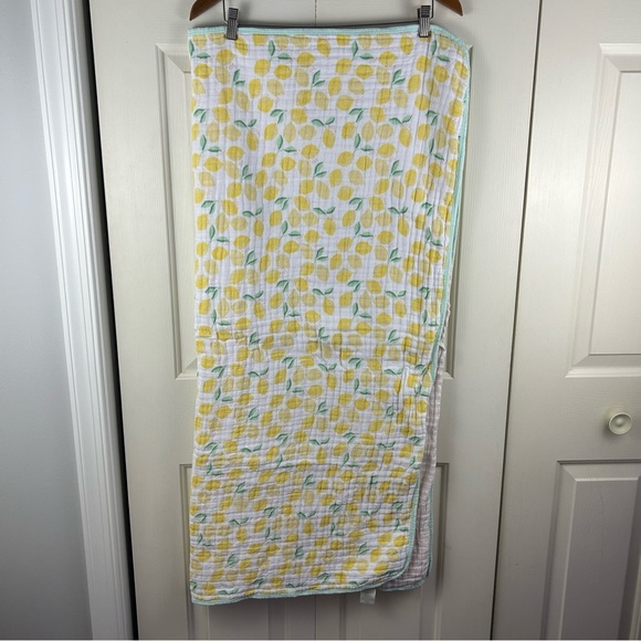 Cloud Island Lemons Baby Blanket Pink White Stripes Muslin Quilt Yellow White - Picture 2 of 7